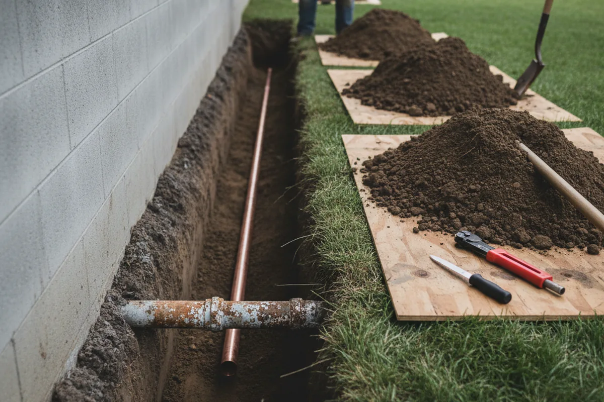 Excavated water line trench during Sewer Line Repair in Southwick